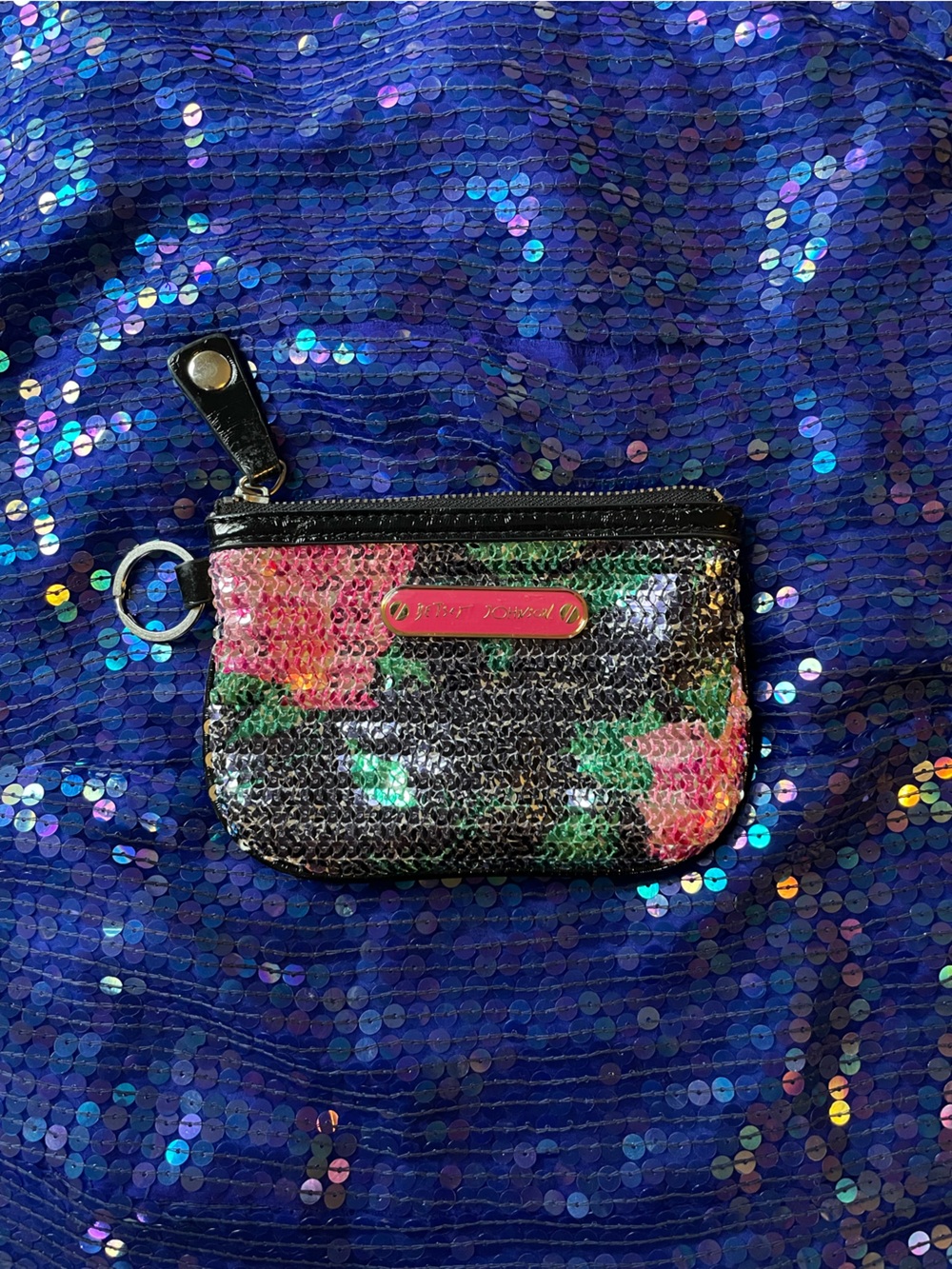 Vintage Betsey Johnson Sequin Wallet Pouch Acid Rose Coin Purse